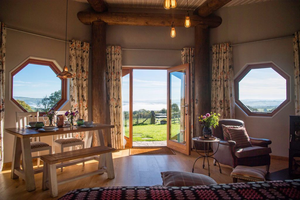 View of Aeron valley, Dyffryn aeron, from Saffir eco lodge holiday accommodation